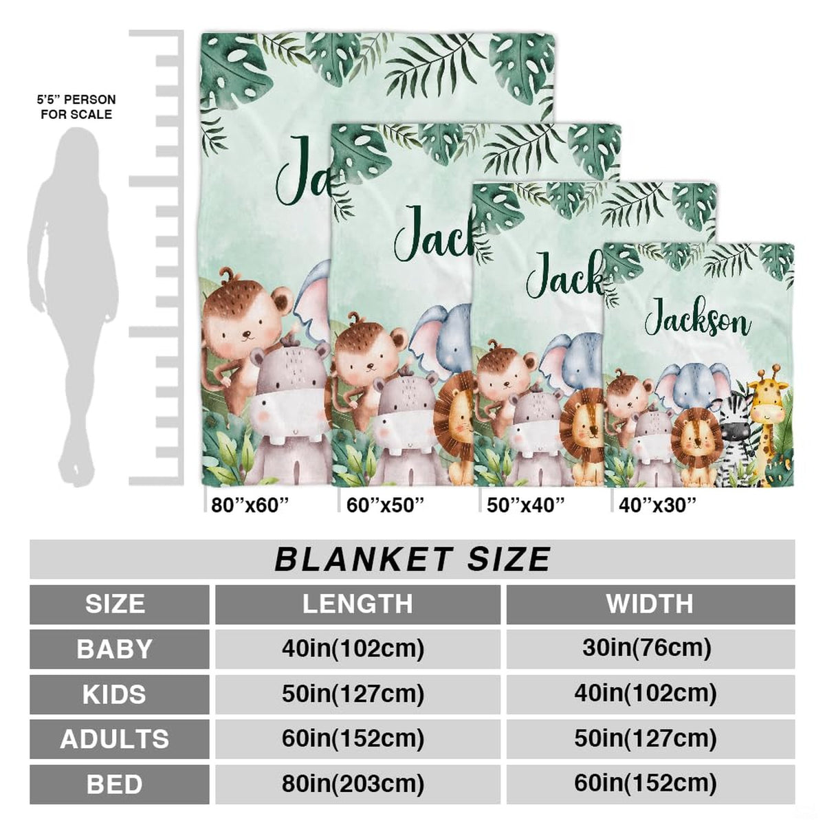 Sizing guide chart displaying multiple dimension options for the safari nursery blanket.