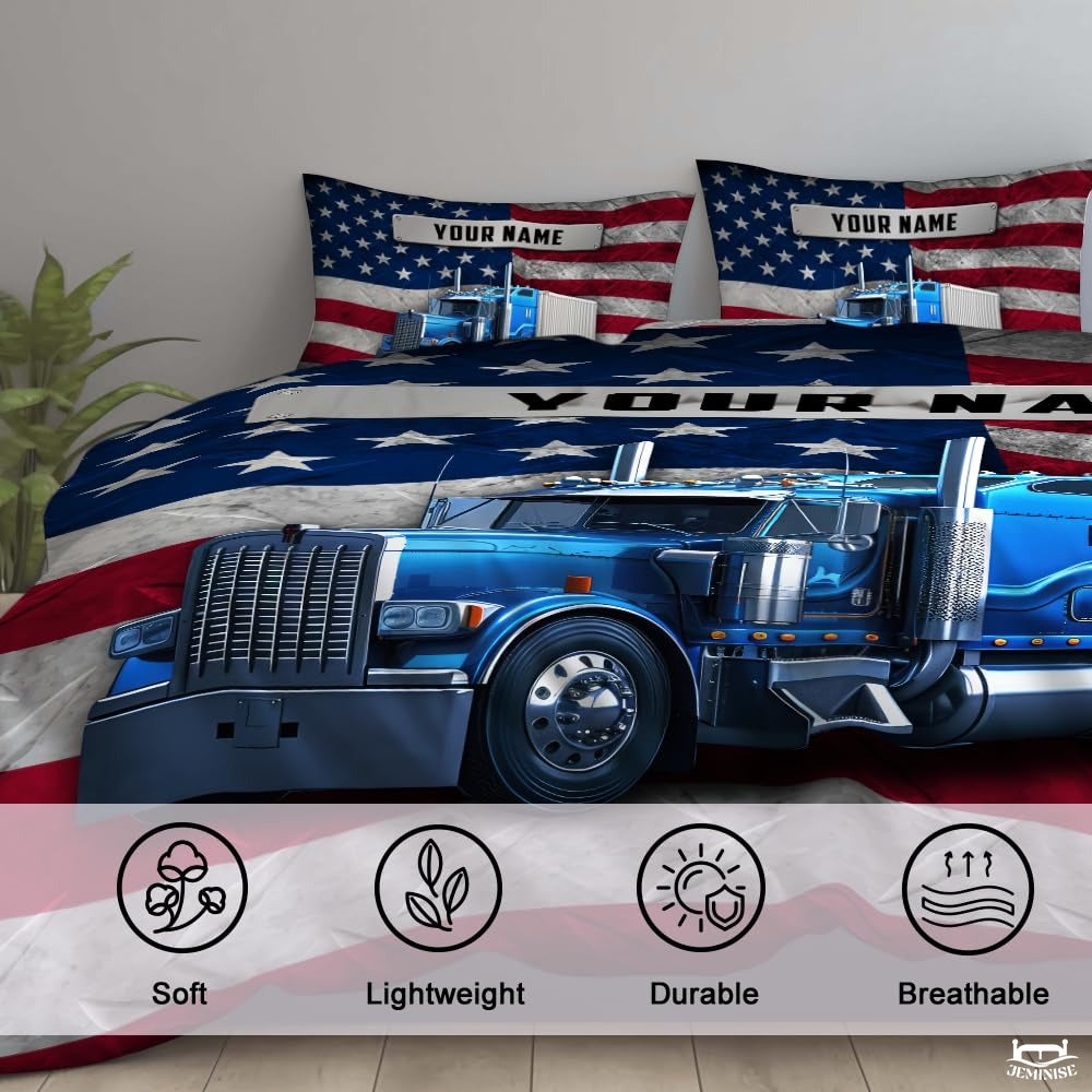 Custom Patriotic Semi Truck on American Flag Background Comforter