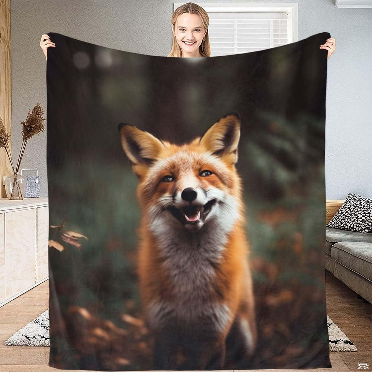 Smiling red fox woodland wildlife throw blanket displaying cheerful fox portrait in autumn forest