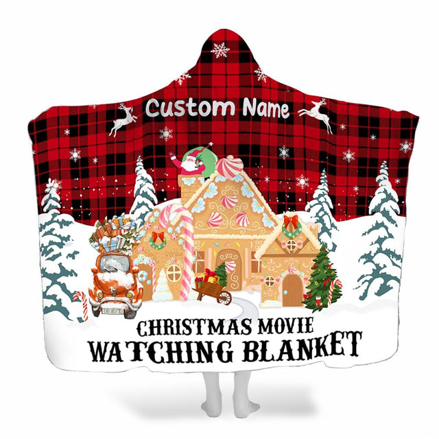 Gingerbread cottage Christmas throw blanket with frosted cookie house and red buffalo plaid