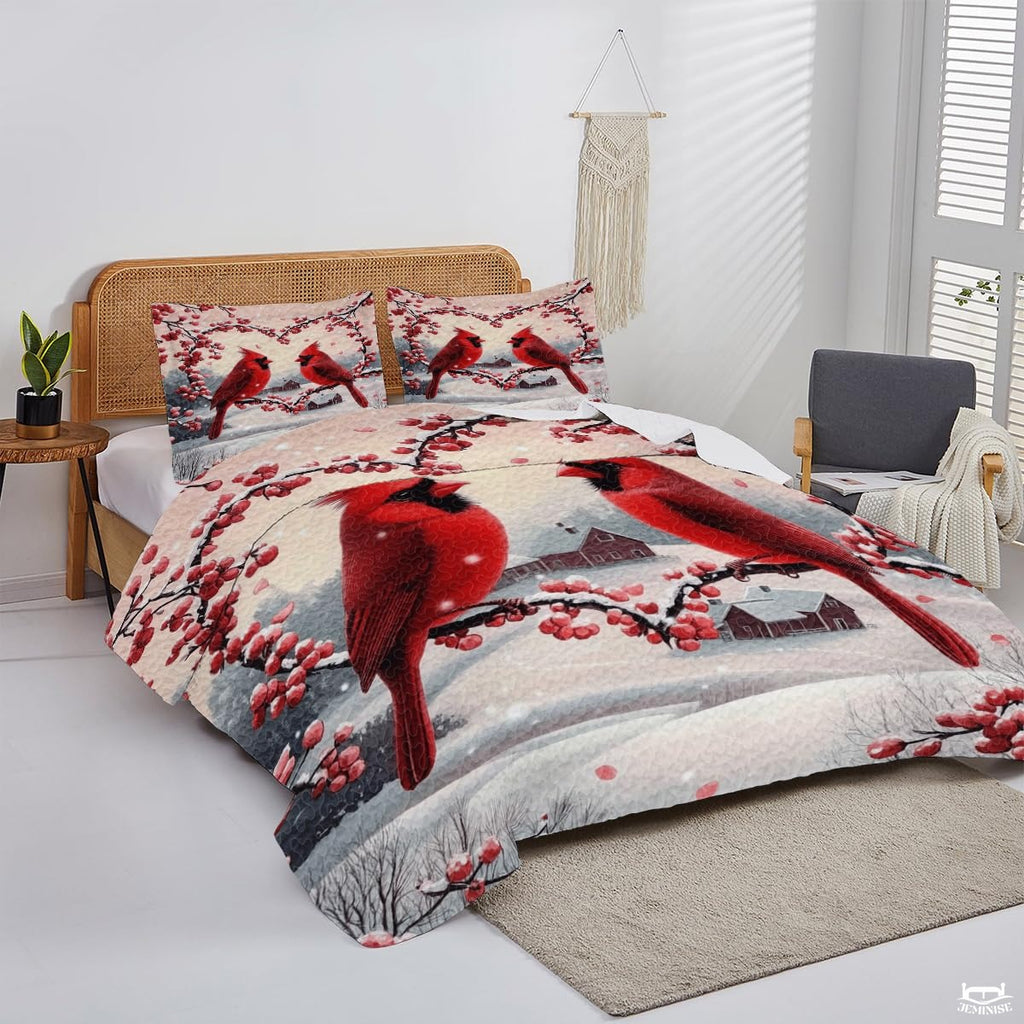 Winter Cardinals on Heart Shaped Berry Branches Patchwork Christmas Quilt