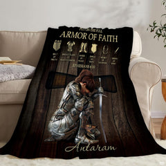 Lifestyle scene showcasing the decorative christian knight throw blanket.