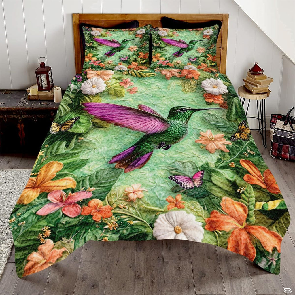 Purple-wing hummingbird bedding displayed in a bright bedroom
