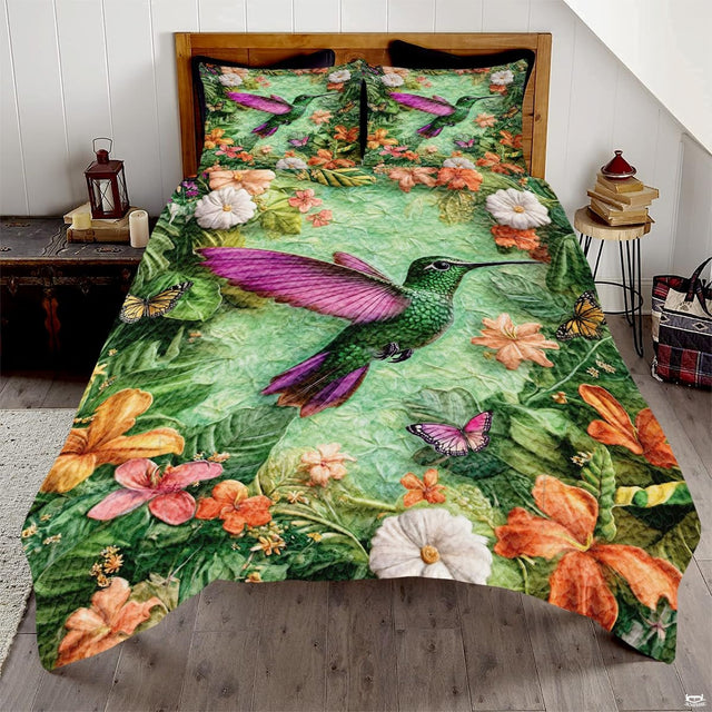 Purple-wing hummingbird bedding displayed in a bright bedroom