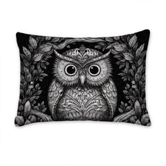 thematic accent bedroom display of the black and white owl motif centered in a modern dark decor setup.