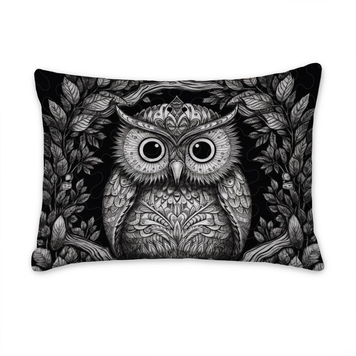 thematic accent bedroom display of the black and white owl motif centered in a modern dark decor setup.