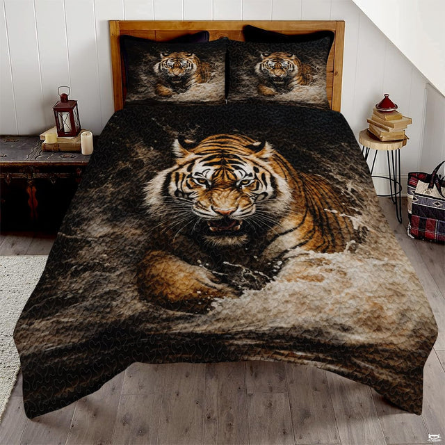 Splashing tiger bedding with a fierce feline charging through foamy water