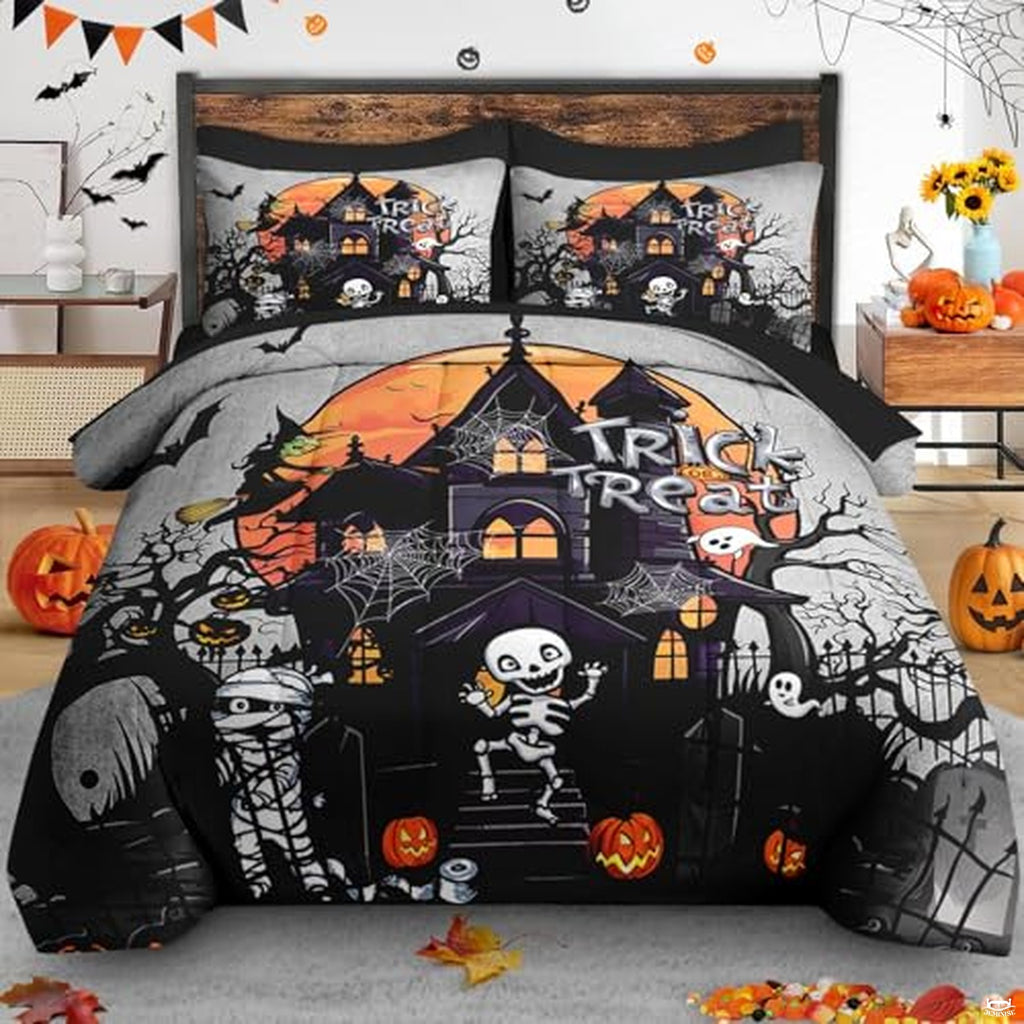 Pamnest Twin Halloween Comforter Set with Sheets, 5 Pieces Castle Bedding