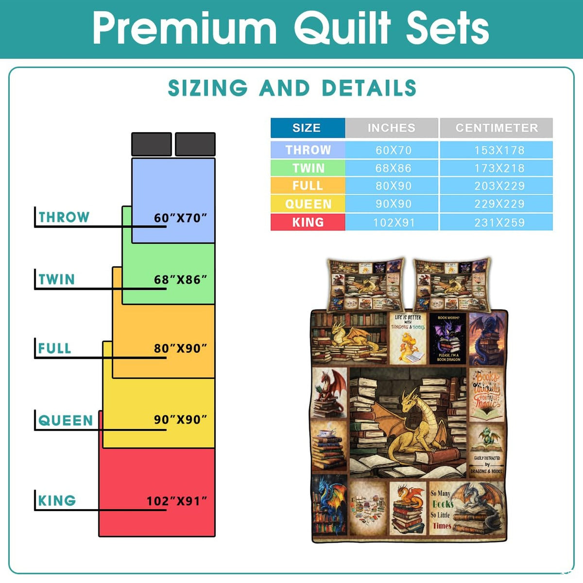 Dragon library bedding sizing infographic
