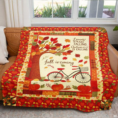 Autumn harvest bicycle throw blanket view 5 highlighting countryside artwork, pumpkins, and rustic border