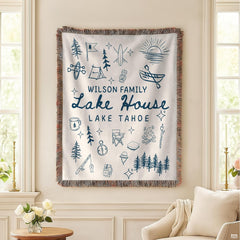 Lake house design with navy camping doodles, canoe, campfire, and pine trees, view 2.