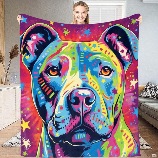 Vibrant pop art pit bull bedding set displaying rainbow confetti and geometric stripes on a modern bed setup.