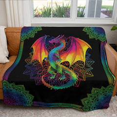 Rainbow mandala psychedelic dragon bohemian blanket showing chromatic dragon and mandala patterns view 2