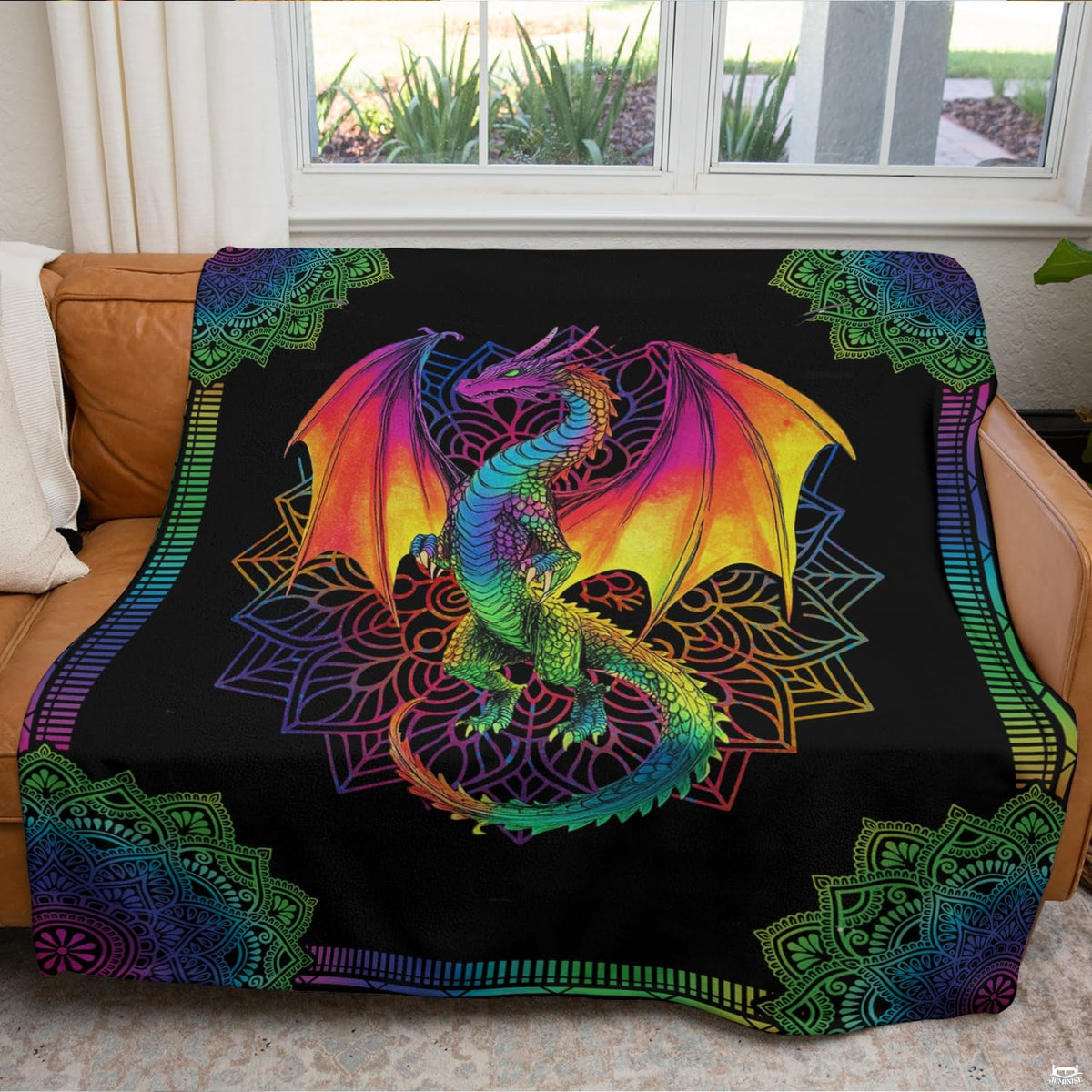 Rainbow mandala psychedelic dragon bohemian blanket showing chromatic dragon and mandala patterns view 2