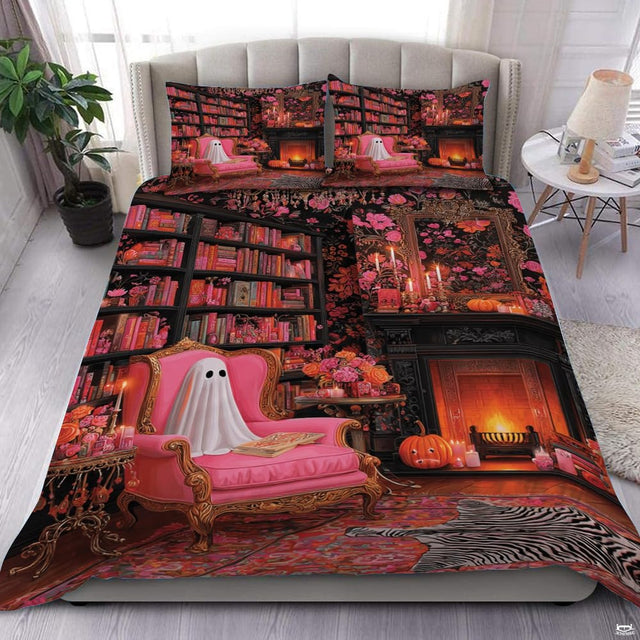 Pink gothic library ghost fireplace bedding - view 1