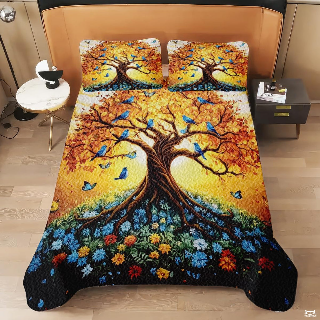 Personalized Autumn Tree of Life Birds & Flowers Quilt Sets