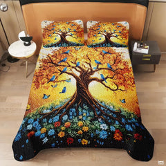 Personalized Autumn Tree of Life Birds & Flowers Quilt Sets