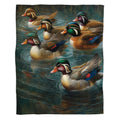 Wood duck bedding set displaying swimming waterfowl oil painting artwork on rippling teal water.
