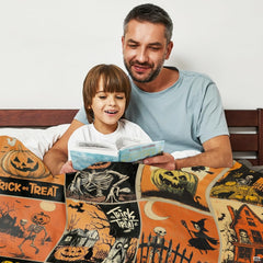 Close-up detail of carved jack-o-lanterns, pumpkin skeletons, and crosshatched comic ink.
