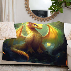 Close up of golden forest dragon throw blanket highlighting emerald eyes and detailed dragon scales