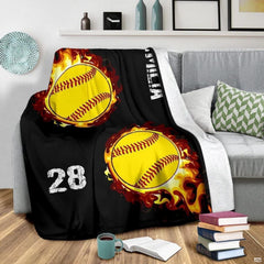 Softball bedroom ideas featuring distressed athletic block lettering and explosive golden-yellow fire graphics.