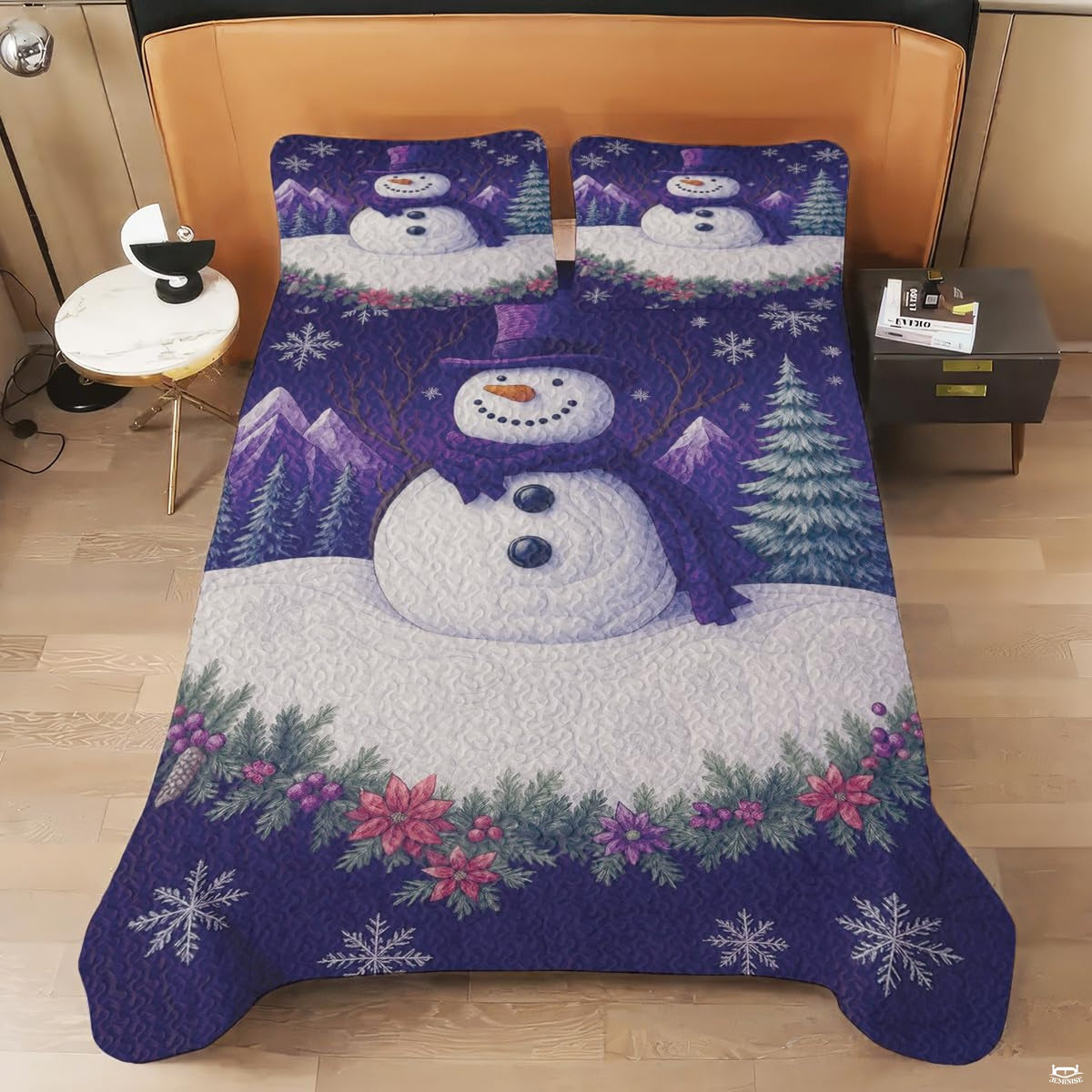 Side view of holiday bedding set showing comprehensive decorative pattern coverage in natural light.