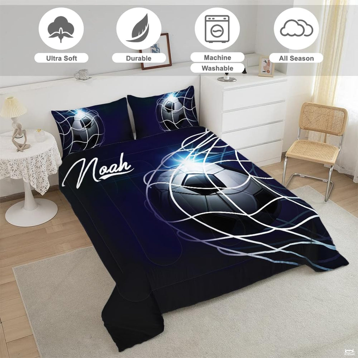 Close-up perspective of midnight soccer bedding showing detailed ball panels and glowing light flare
