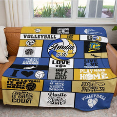 Volleyball typography sports throw blanket view 5 detailing geometric graphic panels and player silhouettes
