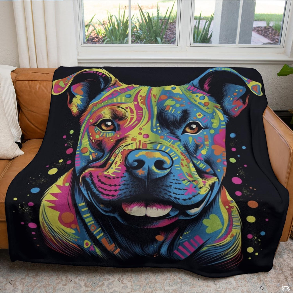 Colorful pitbull pop art throw blanket view 4 highlighting vivid neon pigments and home decor styling