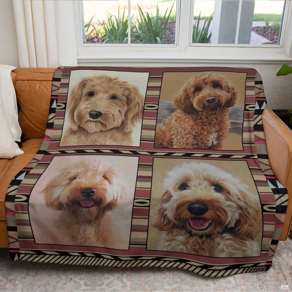 Tribal framed doodle dog graphic blanket arranged over living room armchair