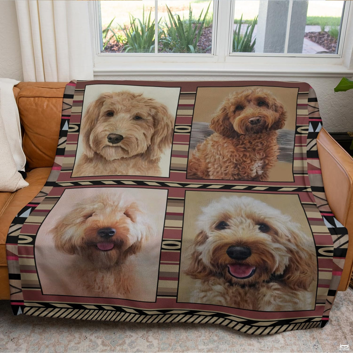 Tribal framed doodle dog graphic blanket arranged over living room armchair