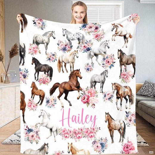 Watercolor horses and floral throw blanket showing galloping horses and pink roses on white