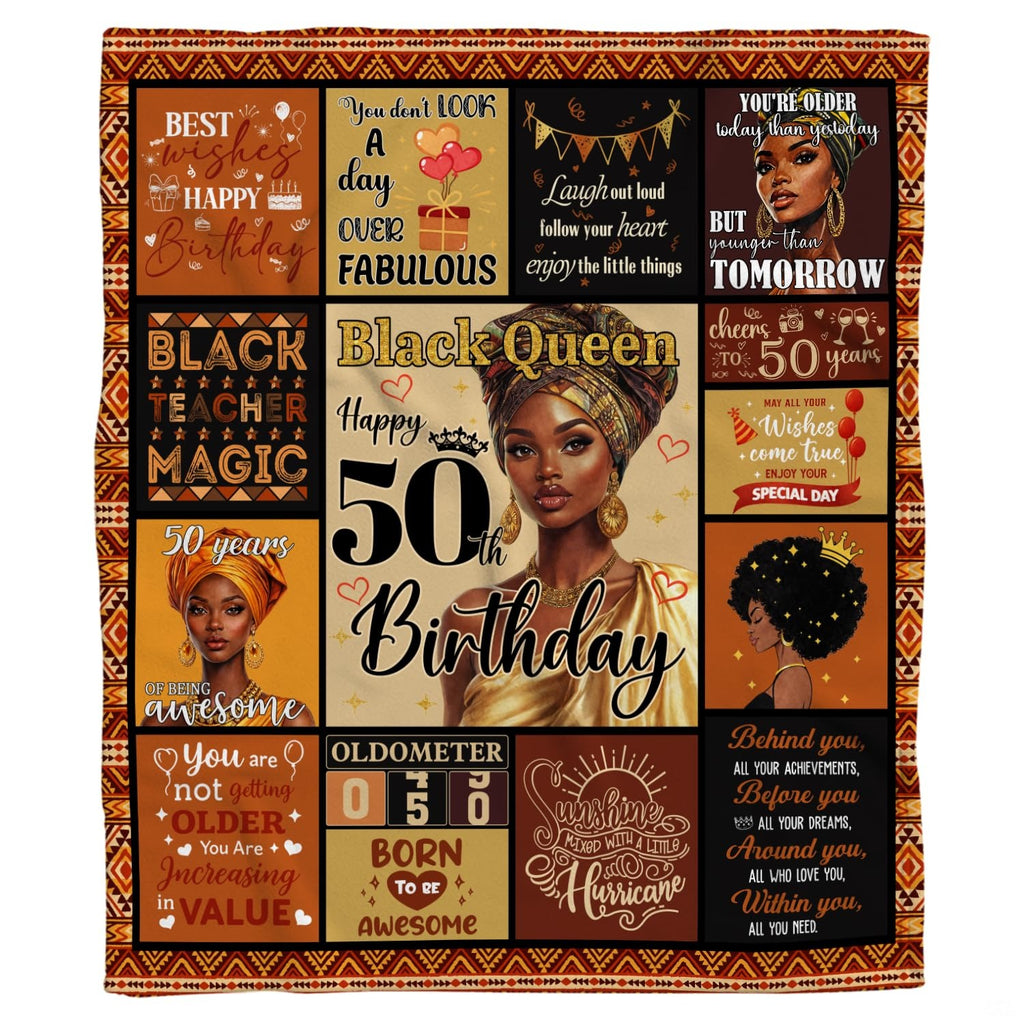 Full display of golden birthday milestone collage throw blanket laid flat on light wooden floor
