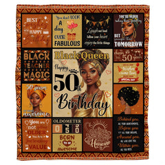 Full display of golden birthday milestone collage throw blanket laid flat on light wooden floor