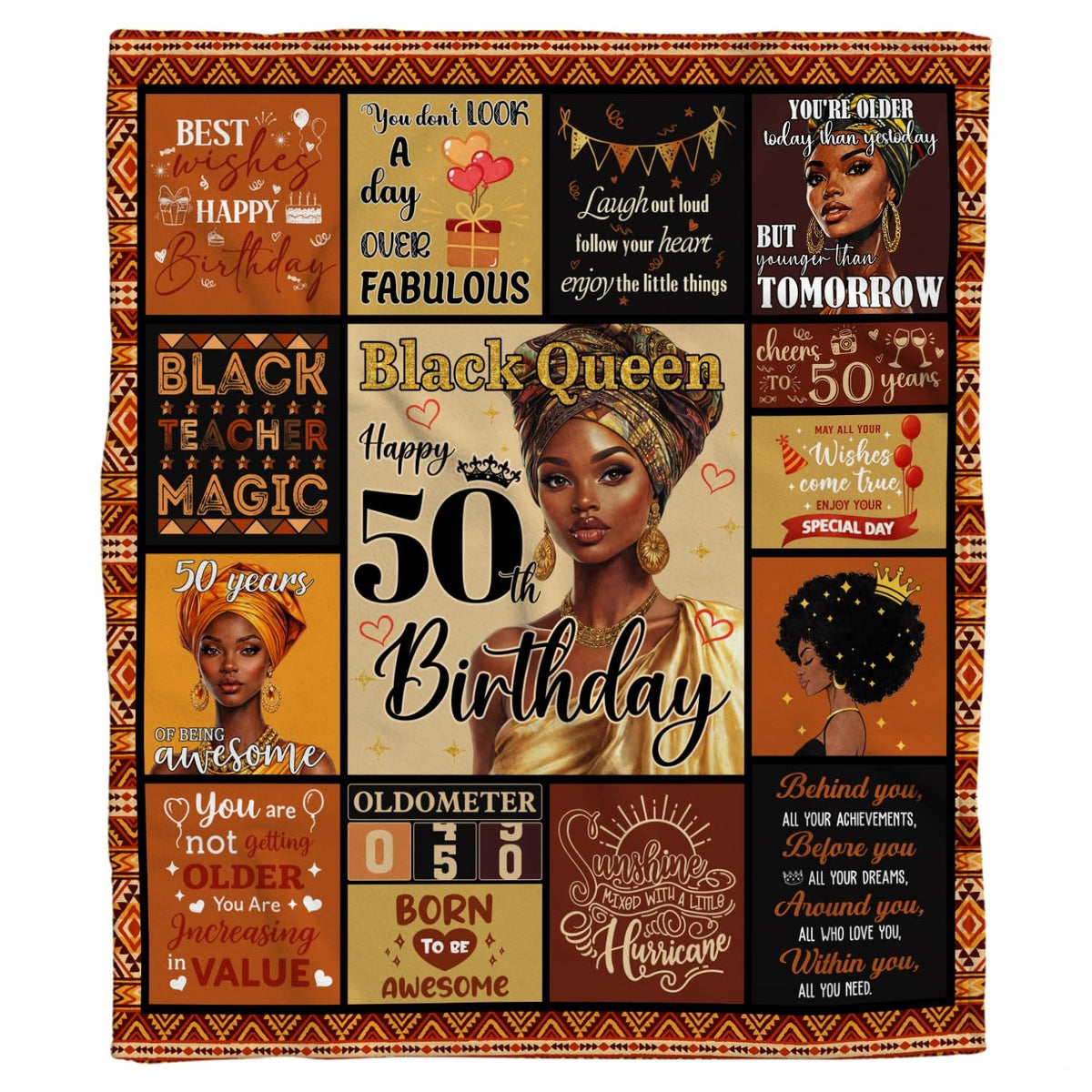 Full display of golden birthday milestone collage throw blanket laid flat on light wooden floor