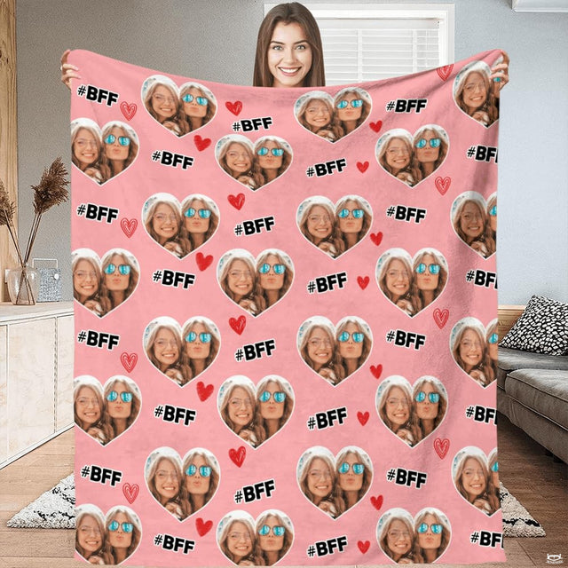 Best friend bed and biscuit bedding set displaying heart collage artwork on pastel pink.