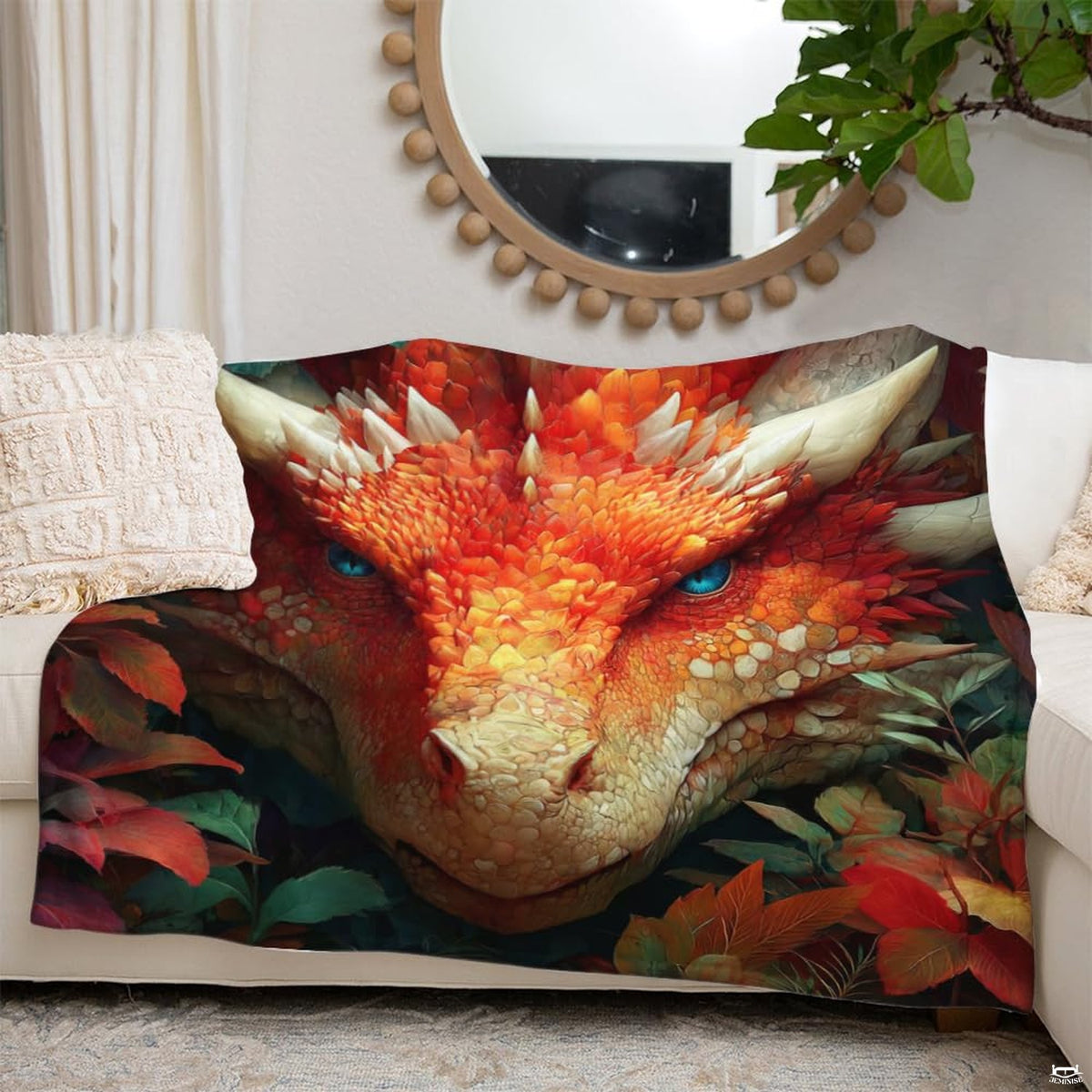Fantasy red dragon blanket styled on a sofa in a modern gaming entertainment room