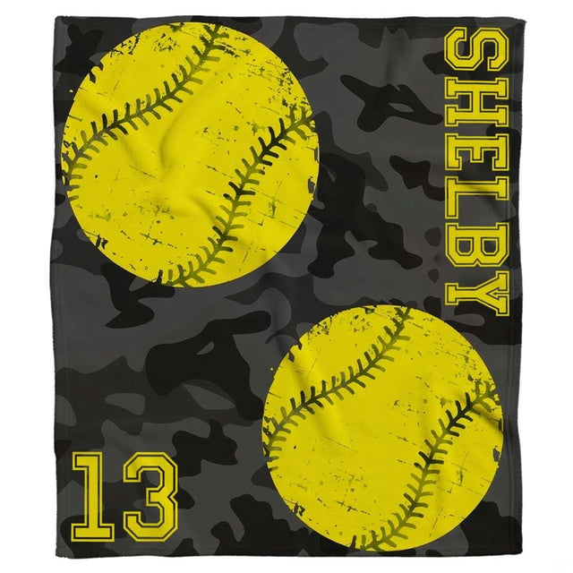 Camo softballs athletic tactical graphic blanket with yellow balls