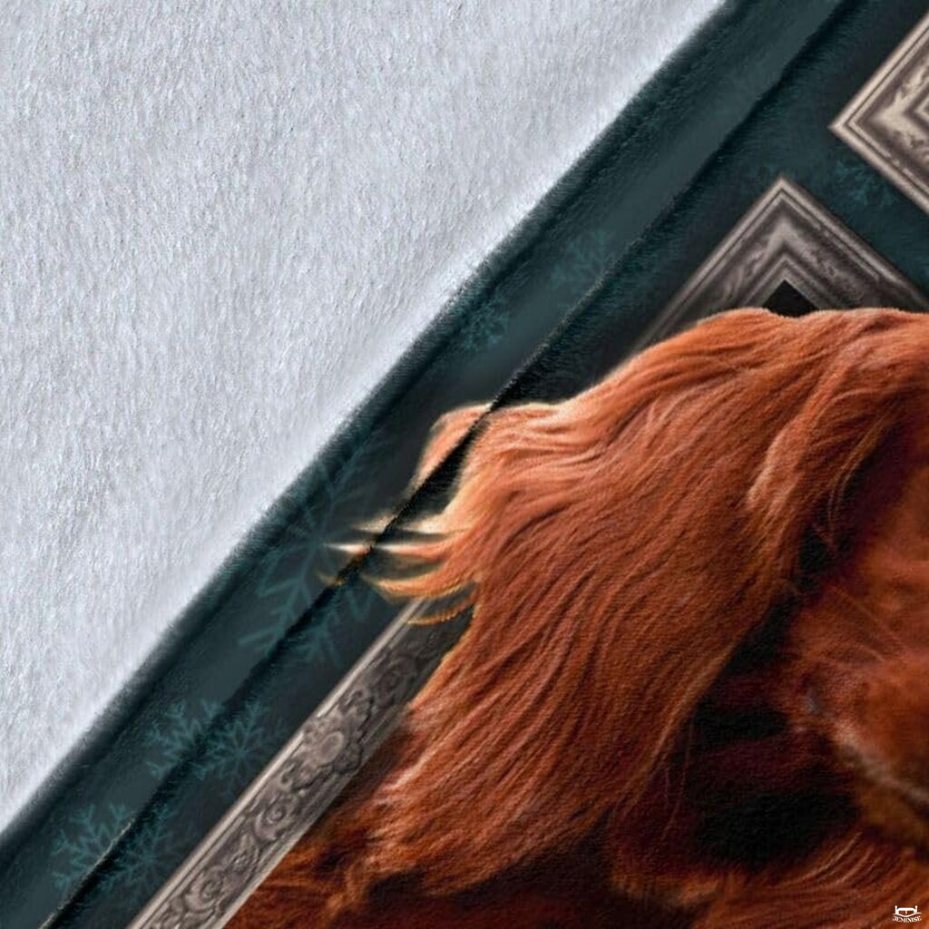 Close-up detail shot of the Irish Setter blanket showing edge detail and teal snowflake art.