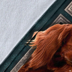 Close-up detail shot of the Irish Setter blanket showing edge detail and teal snowflake art.
