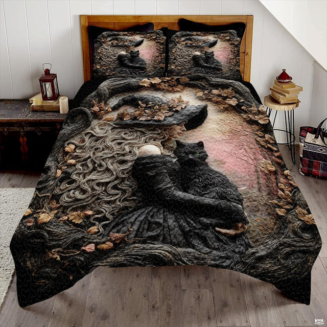 Witch embracing black cat bedding in a bright bedroom