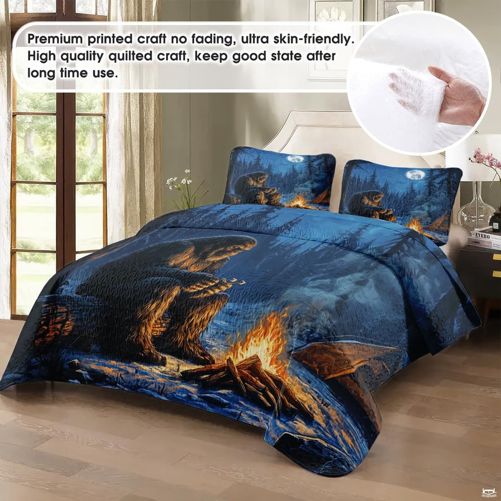 Nighttime pine forest and Bigfoot campfire art displayed on a rustic cabin bed frame