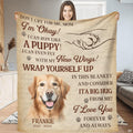 Golden retriever sympathy throw blanket featuring dog portrait, paw sketch, and memorial typography