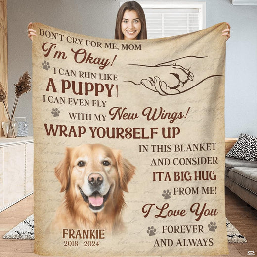 Golden retriever sympathy throw blanket featuring dog portrait, paw sketch, and memorial typography