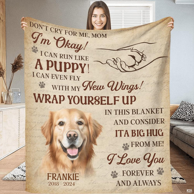 Golden retriever sympathy throw blanket featuring dog portrait, paw sketch, and memorial typography