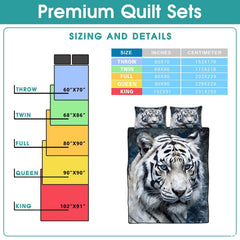 White tiger portrait beside a sizing information graphic