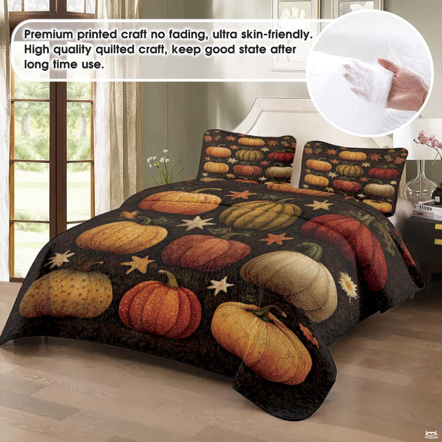 Close-up of decorative pumpkin pattern with fall leaves, golden floral accents, and rustic wood background on bedding.