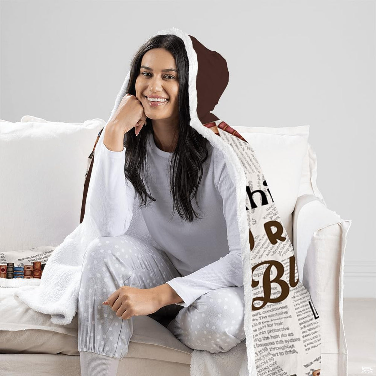 Detailed view of the edge stitching and graphic print clarity on the novel themed throw blanket