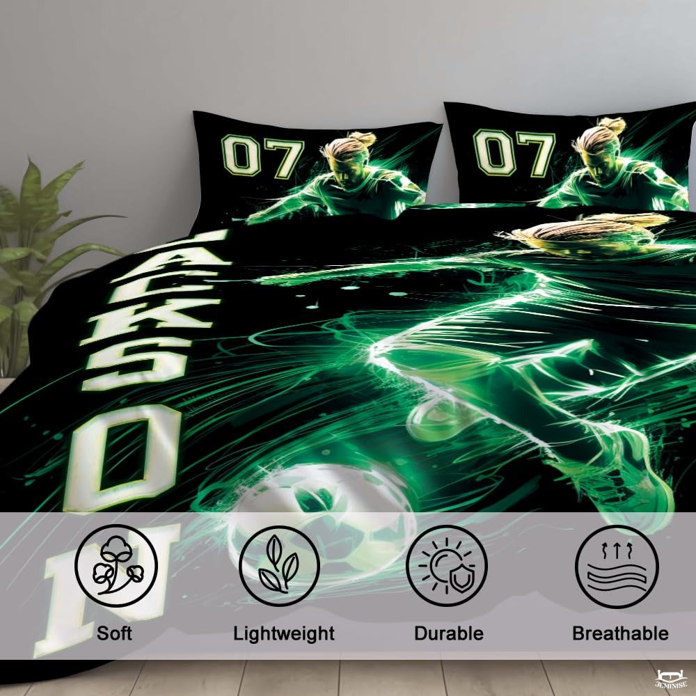 Custom Neon Green Soccer Player Artwork Comforter Set, Boys Room Decor