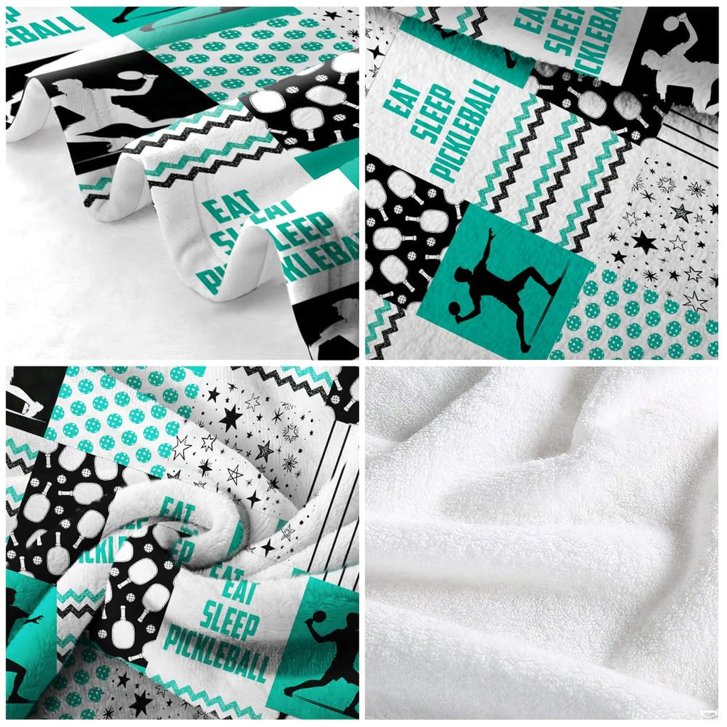 Pickleball patchwork pattern with player silhouettes and teal chevrons, view 5.